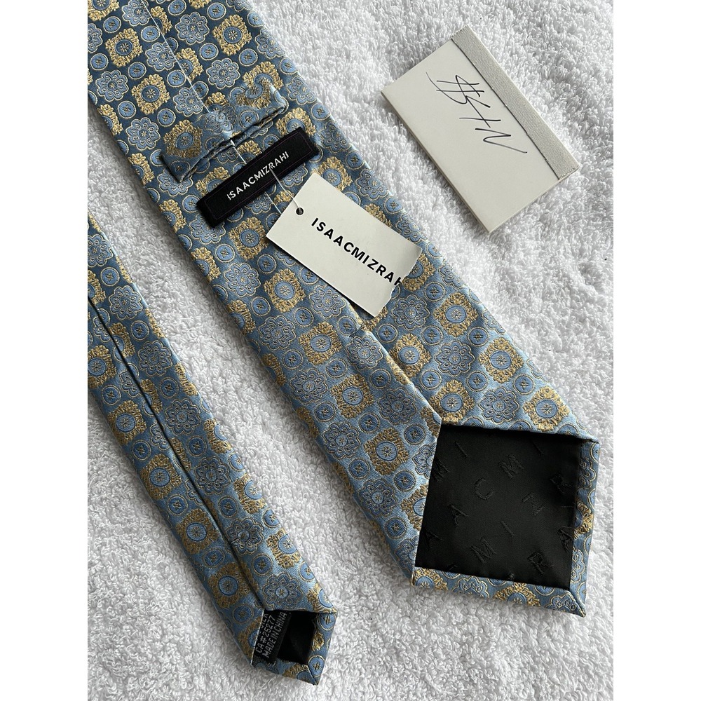 Isaac Mizrahi	Powder Blue Yellow Floral Geometric Motif Woven Silk Tie NWT